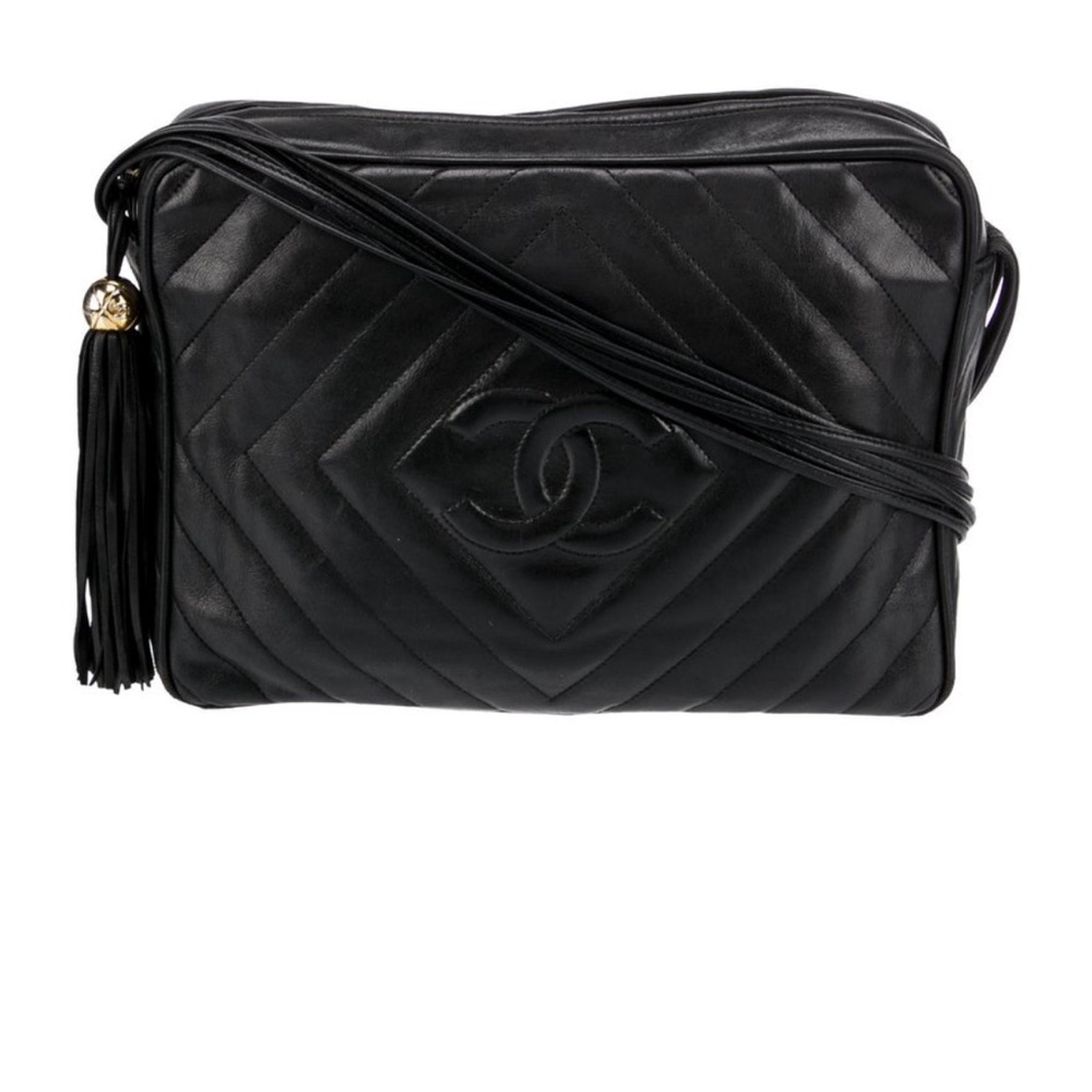 Chanel Vintage Camera Crossbody Bag with Chevron Quilting and Gold Hardware